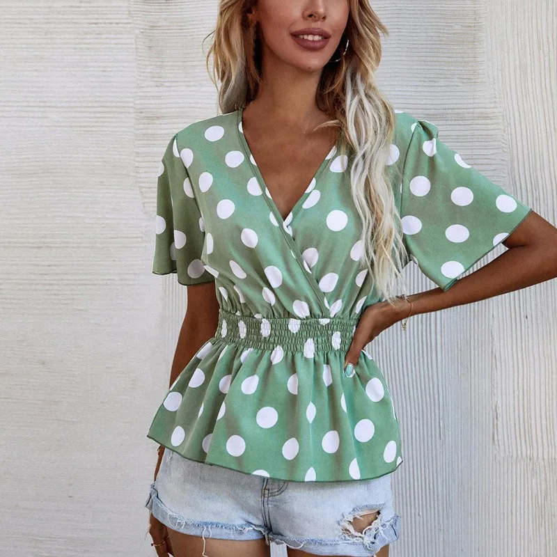 

Summer Women V-neck Slim Waist Top Fashion New Dot Printed Flared Sleeves Small Fresh Top for Ladies