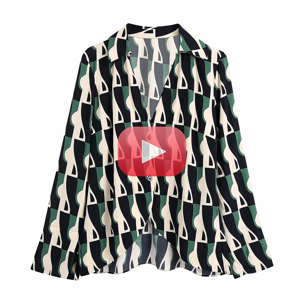 

Women Fashion Flowing Printed Asymmetric Traf Blouses Vintage Long Sleeve Button-up Female Shirts Blusas Chic Tops