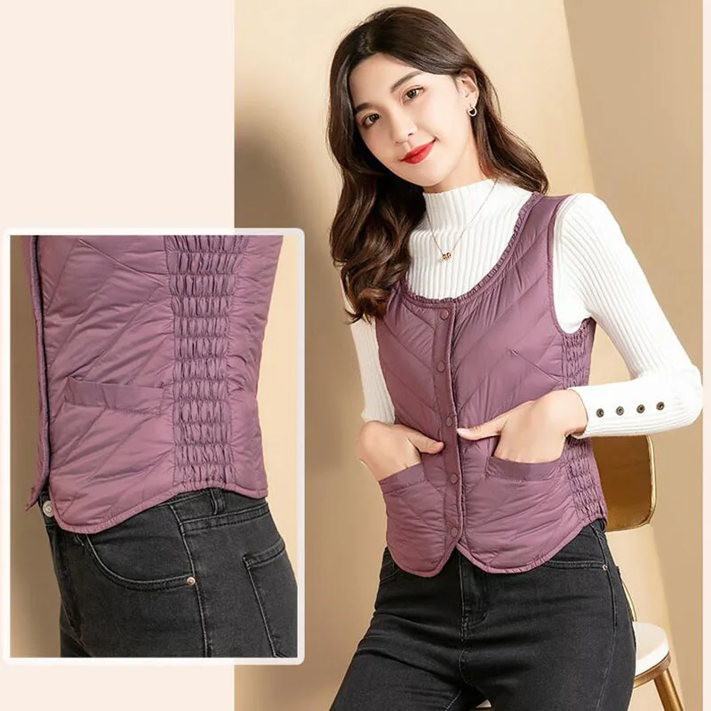 Ультратонкий пуховик светильник Теплый жилет женский укороченный без рукавов с