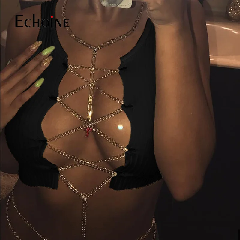 Эротичный Женский корсет с цепочками и разрезом спереди летний топ | Женская