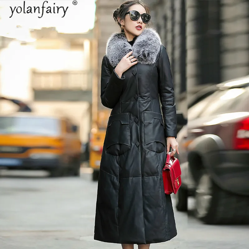 

Real Fox Fur Collar Genuine Leather Jacket Autumn Winter Coat Women Clothes Sheepskin Coat Female Long Down Jacket XS19D18-19