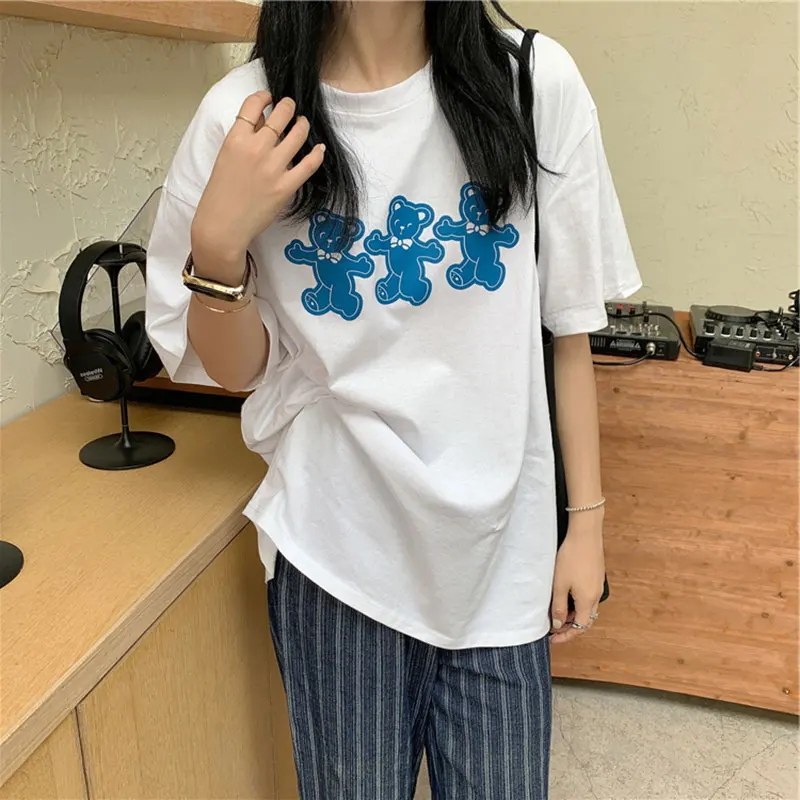 

INS Super Popular Simple Girlish Style Three Bear Printed Short-Sleeved T-shirt for Women Cute Top Easy to Match Summer New