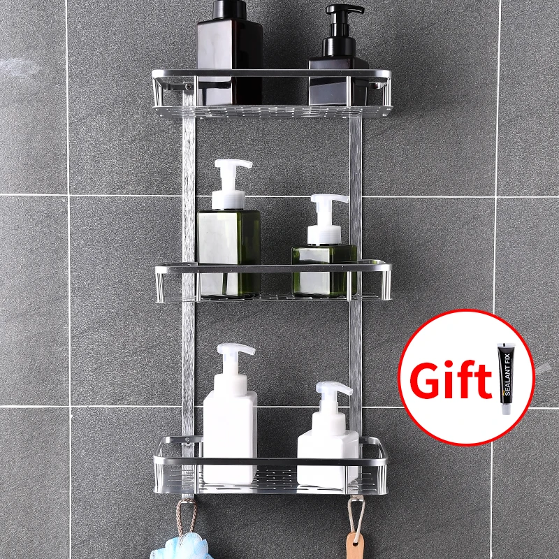 

Bathroom Shelf Organizer Rack Space Aluminum Kitchen Storage Shelf No Punching Shower Wall Shelves Waterproof Shampoo Holder