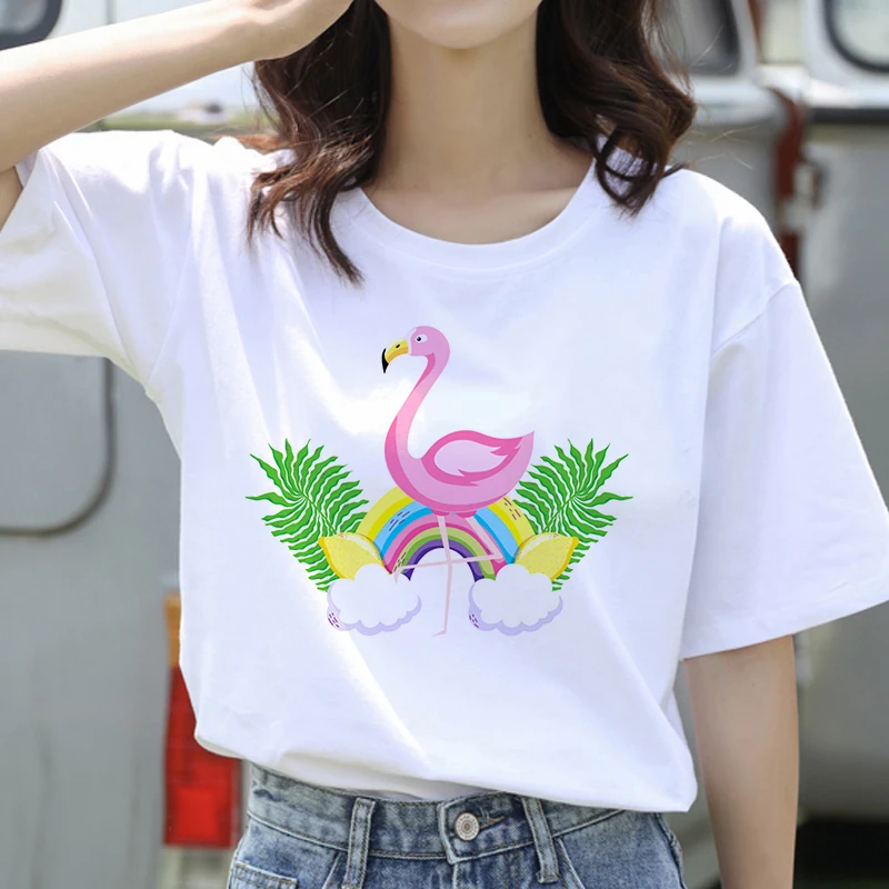

Fashion Flamingo T Shirt Women Lovely Print Short Sleeved O-neck T-shirt white Tops casual short Camisetas Mujer_T-Shirt