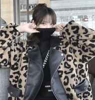female lamb hair collar stitching leather all match coat leopard young autumn coat fur motorcycle new winter thickened and coat