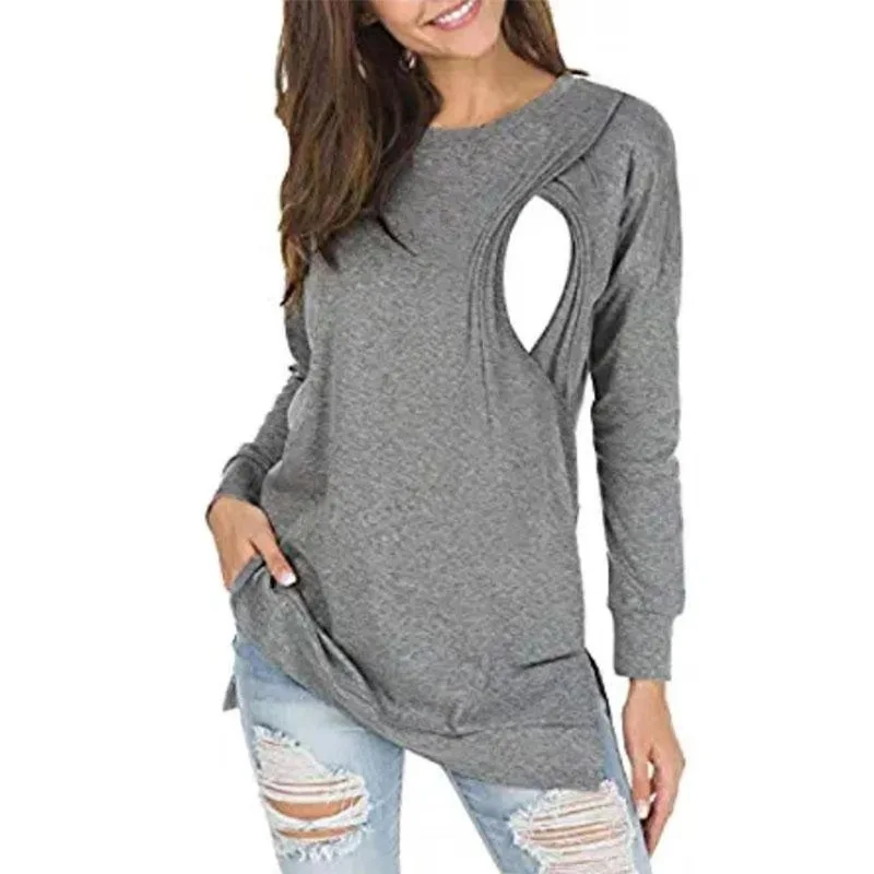 

2020 Autumn New Long-Sleeved Side Slit Pregnant Women Nursing Clothing Loose Casual Nursing Shirt