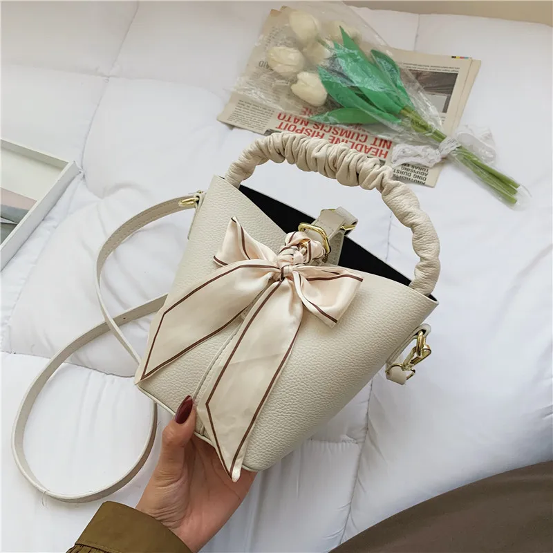 

Solid Bucket Lady Handbag with Beautiful Silk Scarves Folds Handle Tote Messenger Bag for Women New Popular Fashion Shoulder Bag