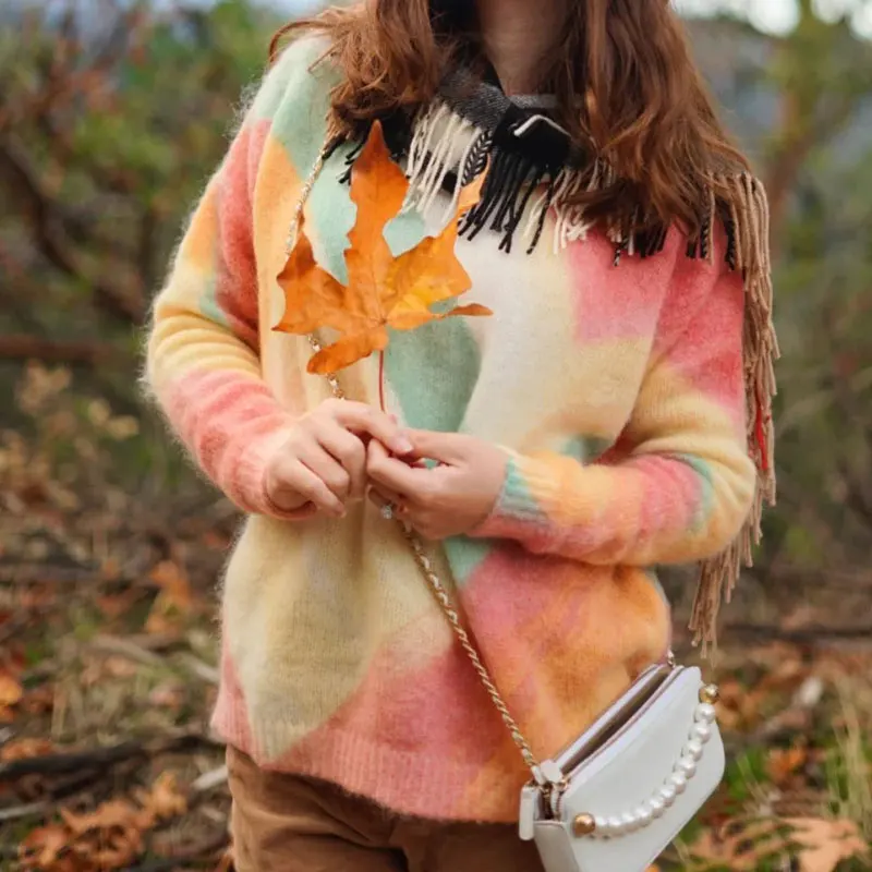 

Mohair blend women sweater Color printing casual jumper o-neck long sleeve fashion lady knit pullover tops
