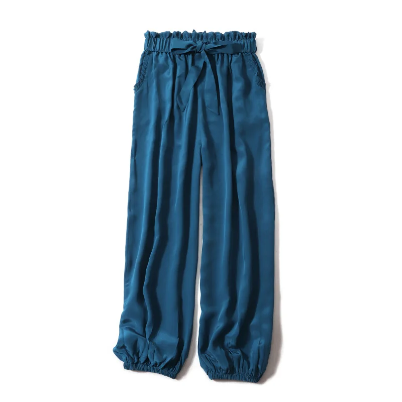 Peacock Blue Женские брюки, натуральный шелк, креп, одноцветные, эластичная талия, брюки, OL, длина по щиколотку,, для офиса, леди, весна, лето, брюки, Новинка - Цвет: Peacock Blue