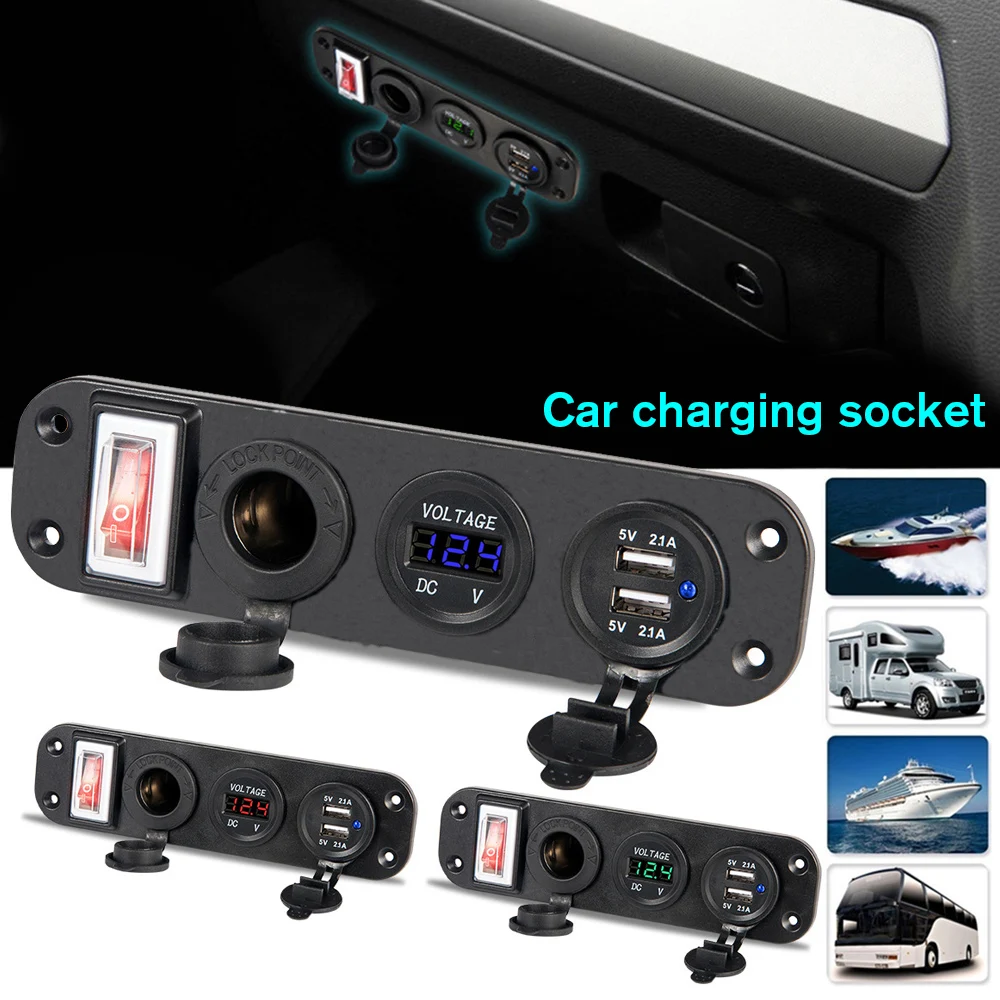 

Car Voltmeter USB Charger 3 in 1 Dual USB Car Charger with Three Charging Lines Digital Display 12-24V Car Charger
