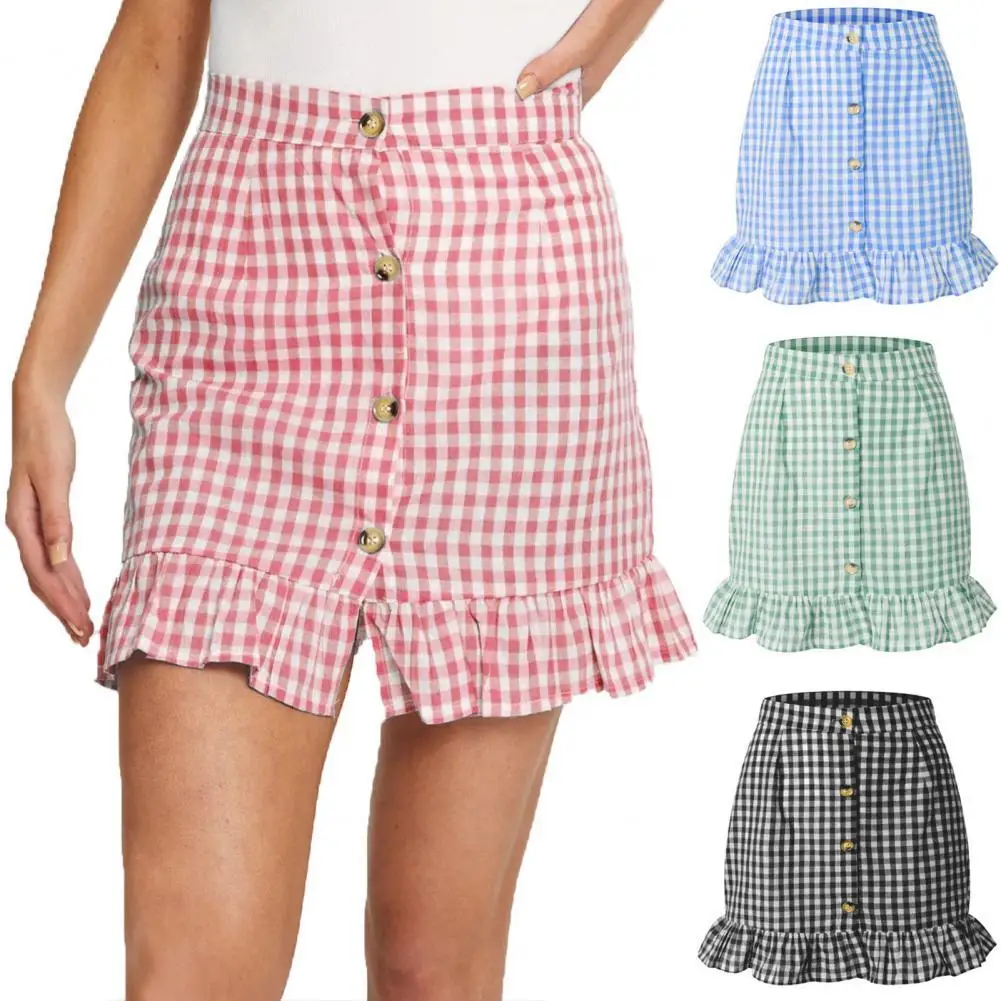 

2021 New Mini Skirt Plaid Ruffled Hem Women High Waist Single-breasted Skirt for Dating