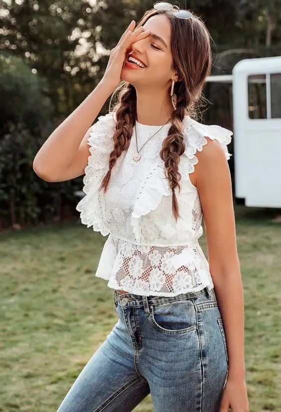 Топ женский кружевной в стиле бохо белый ажурный топ без рукавов на пуговицах с