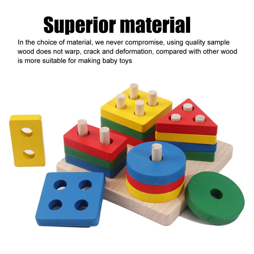 

Wooden Blocks Toddlers Jigsaw Stacking Toy Shape Sorter Montessori Educational Color Recognition Game Geometric Early Learning