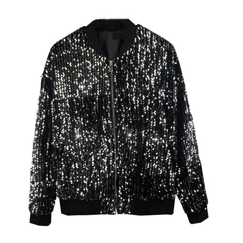 

2020 Autumn And Winter New Youth Popular Men's Loose Sequin Round Neck Jacket Fashion Casual Nightclub Top Black/silver