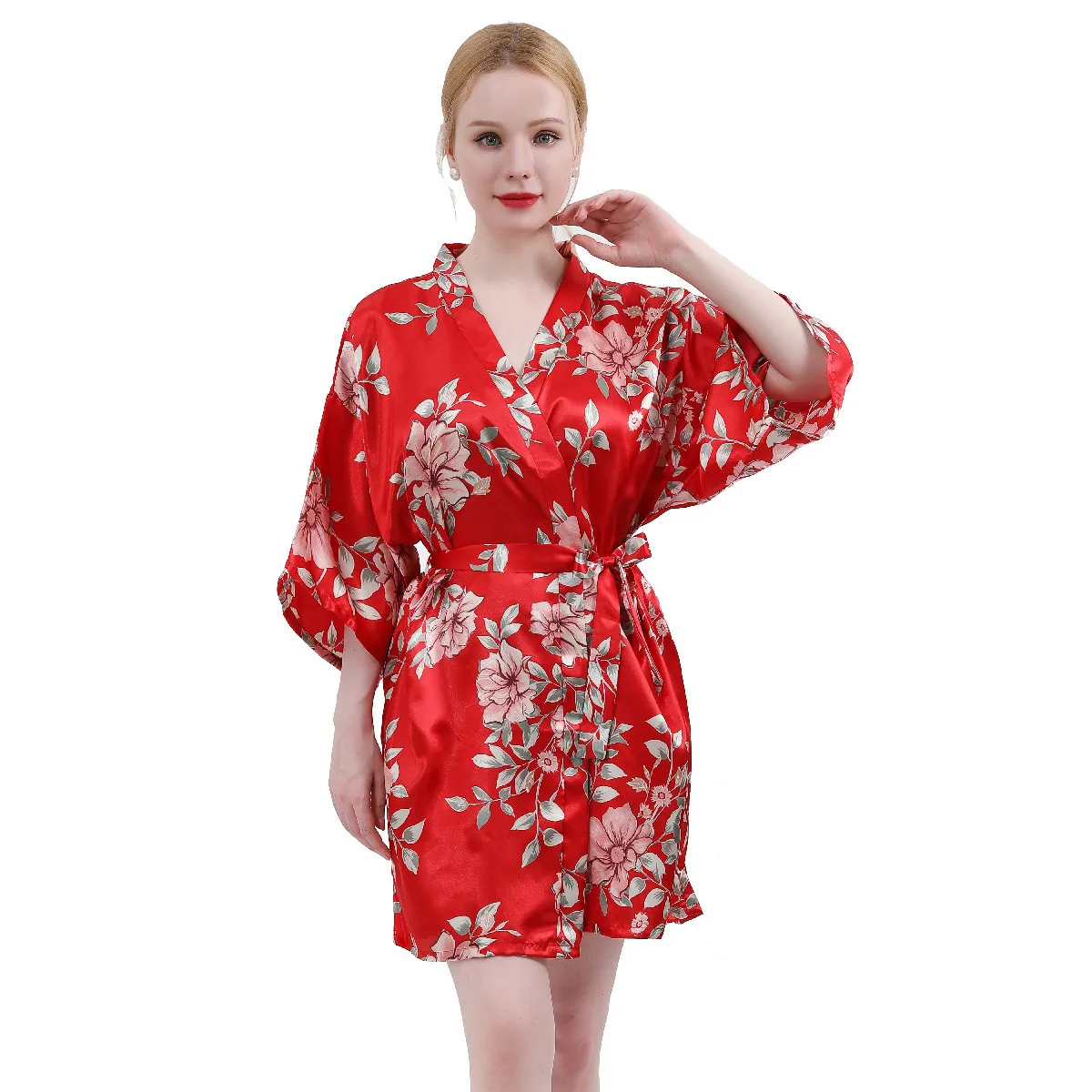 

Women Print Short Kimono Robe Sexy V-Neck Loose Nightgown One Size Bride Bridesmaid Wedding Dressing Gown Summer Rayon Bathrobe