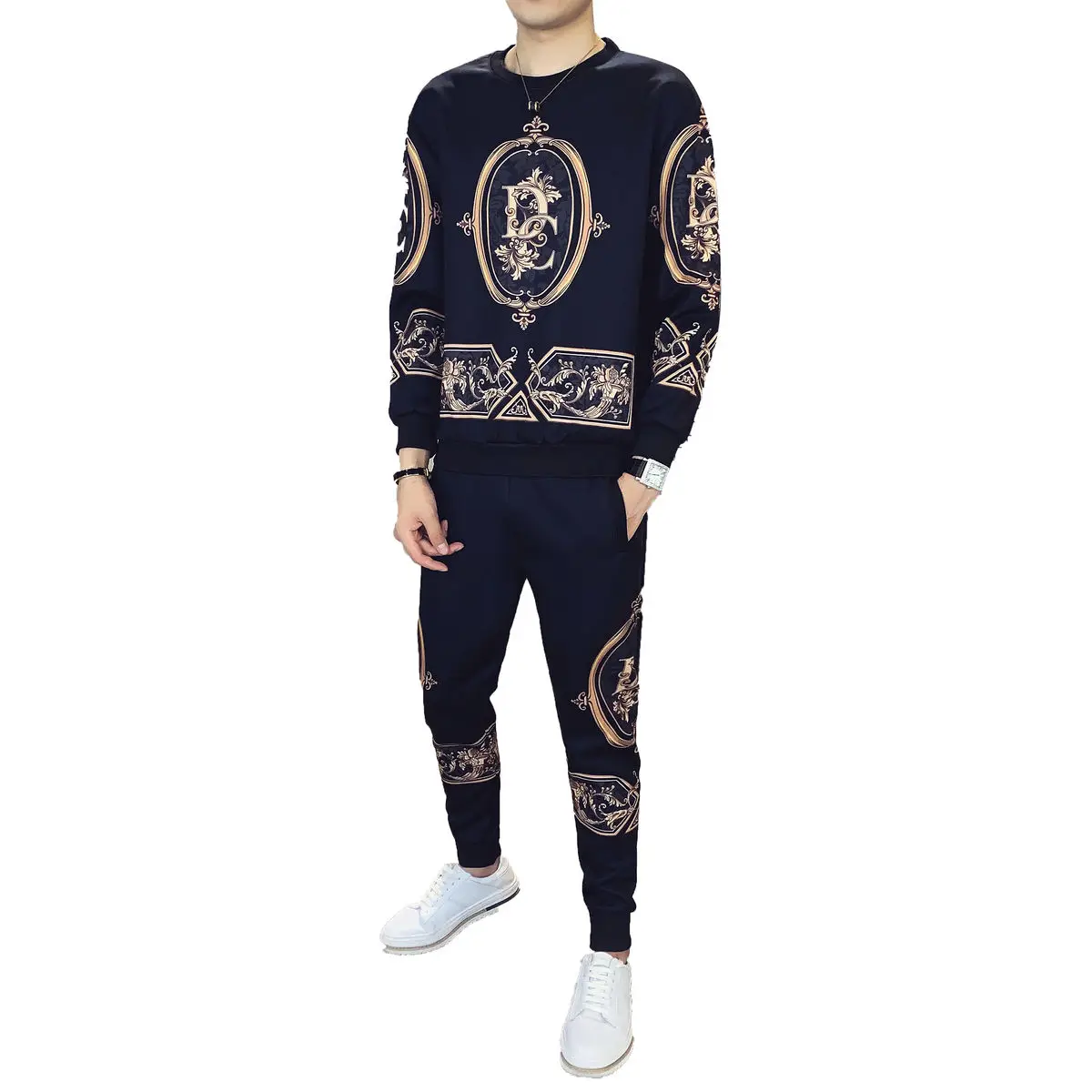 

Quality Luxury High Printed Sweater Autumn Round Neck Sweater Suit 2021 New Fashion Match Sports Casual Two Piece Set Men