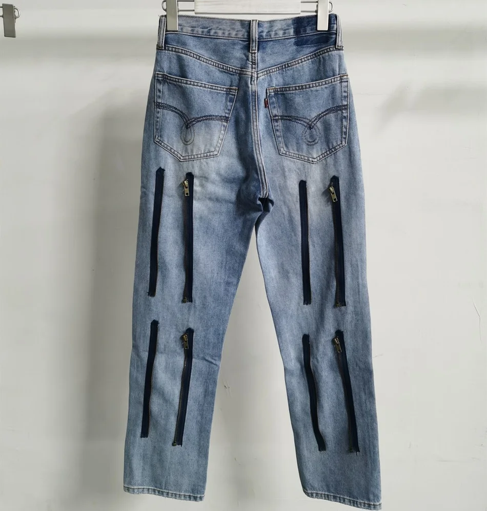 

AWGE Needles Jeans Men Women Washing Destruction Knife Cutting Vintage Zipper Patchwork Pants Trousers streetwear men