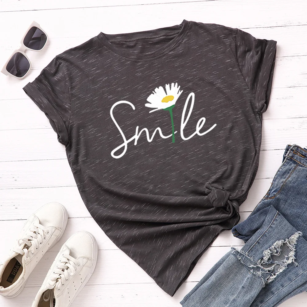 

Summer Women T Shirt Cotton Plus Size S- 5XL Smile Daisy Graphic O-Neck Short Sleeve Tshirts Fashion Casual Tees Tops Women
