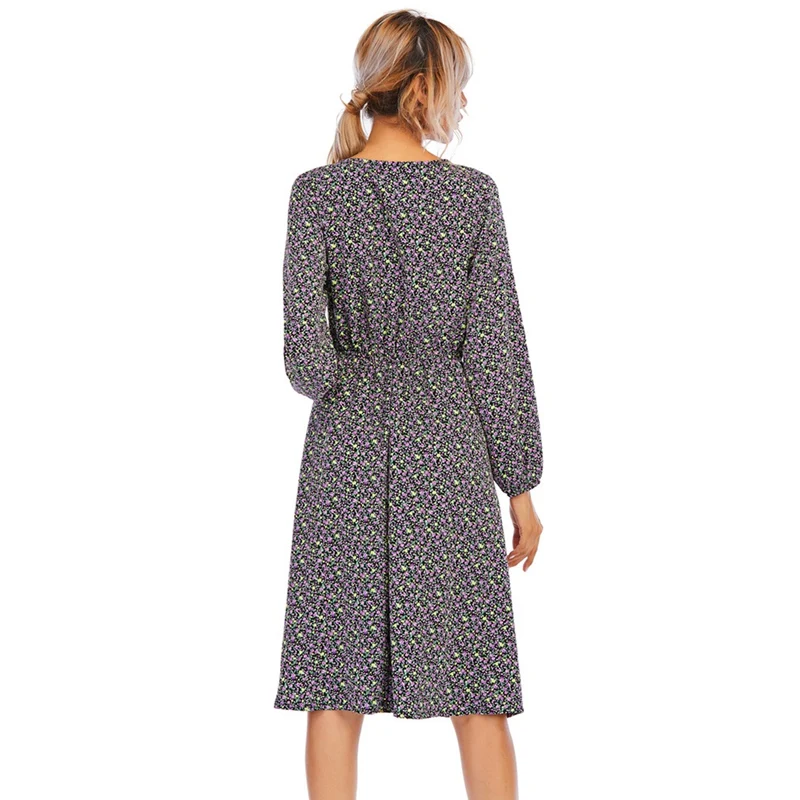 

Dress Women Ladies Spring Summer High Waist Dress Sexy V-Neck Floral Printed Long Sleeve Mid-Length Dress