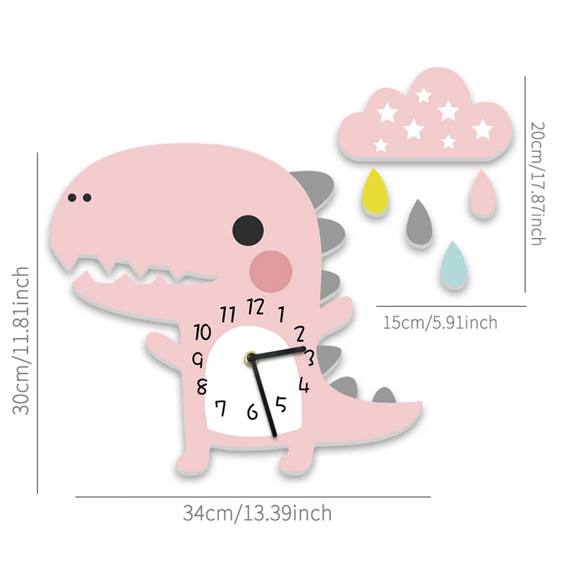 Cartoon Dinosaur Silent Clock Cloud Raindrop 3D DIY Wall Sticker Home Children Kids Room Baby Nursery Hanging Decor | Дом и сад