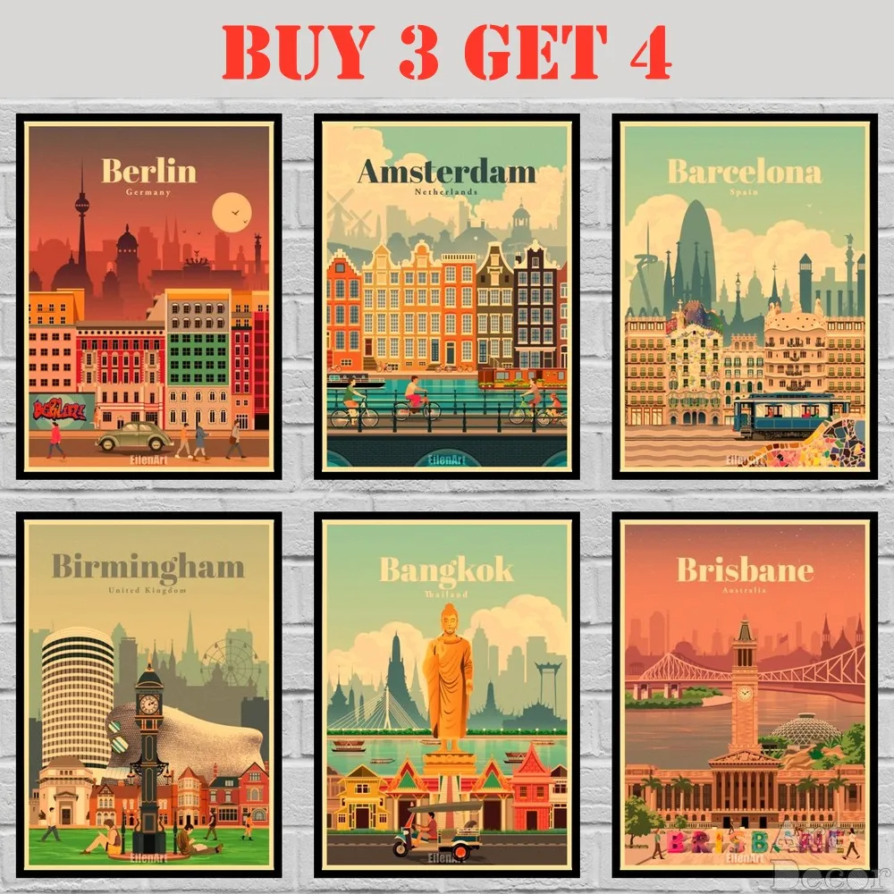 

50 Дизайнов, минималистичный дорожный постер из крафт-бумаги, городская и пейзажная живопись, забавная необычная Настенная Наклейка 42x30 см