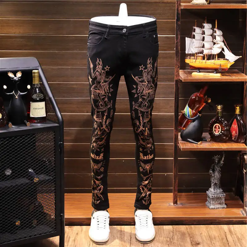 Осенние черные мужские эластичные Модные джинсы с индивидуальным принтом тонкие