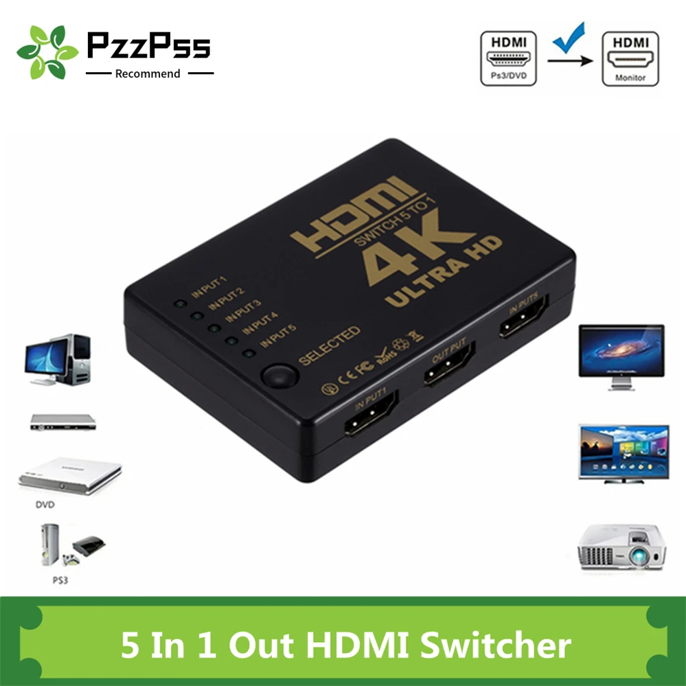 

PzzPss 4K HDMI переключатель 5 в 1 выход 3D 1080p 4k селектор концентратор с ИК-пультом дистанционного управления для HDTV DVD BOX HDMI переключатель