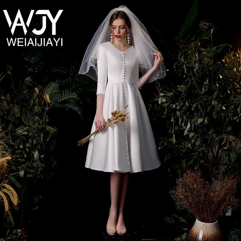 

Garden Simple Style Skirt V Neck Knee Length Short Sleeve Bridal White Dress Button Satin Cheap Vestido De Novia Robe De Mariee