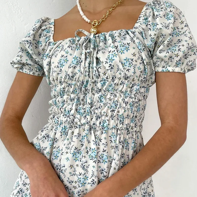

IAMSURE Drawstring Floral Summer Dress Vintage French Style Puff Sleeve Square Collar Mini Dresses For Women 2021 Prairie Chic