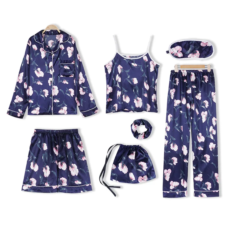 

IZICFLY Summer Autumn New Style Blue floral Faux Silk pijamas women robe sets Sexy Sling sleep tops home Nightwear -7 Pieces