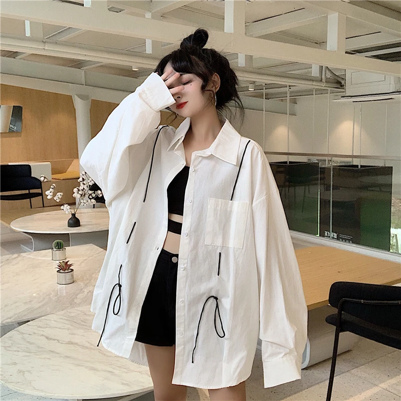 

Korean style sweet turn-down collar patchwork pockets shirts Spring autumn high quality Women's Clothing loose white ladies tops