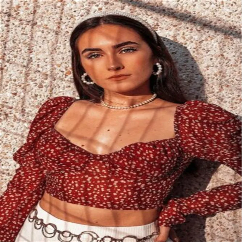 Женская футболка весна 2020 винтажный горошек квадратный вырез оборки Длинные