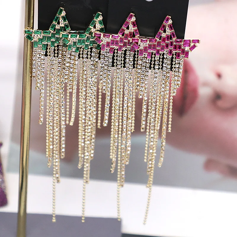 

Micro-set zirconium diamond five-pointed star tassel earrings 210318-58