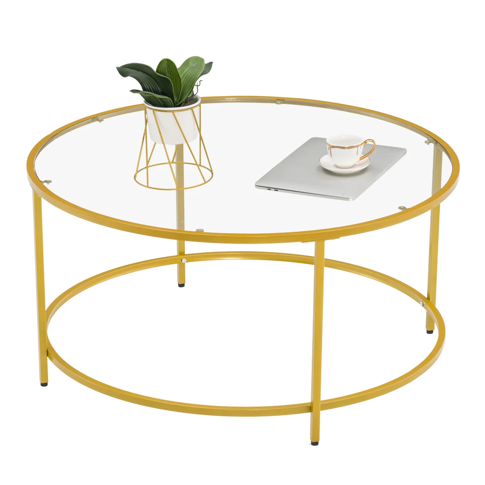 Two Styles [90 x 90 x 45]cm Simple Single-Layer Round Frame Glass Surface Coffee Table Side Table End Table 90 Round Gold offex archtech modern end table 24 in gold clear glass