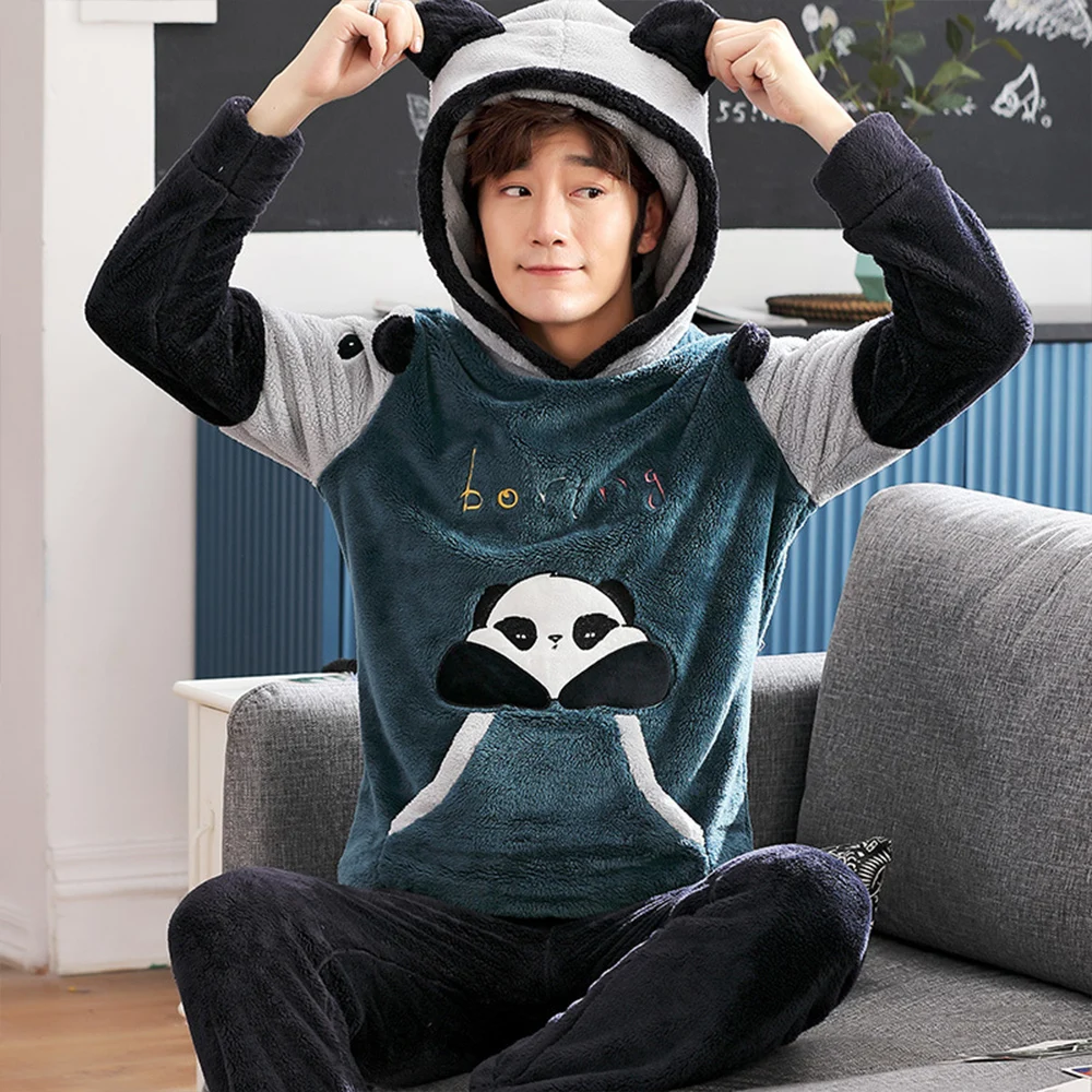 Winter Flannel Hooded Pajama Sets for Men Long Sleeve Thick Warm Pajama Cartoon Print Sleepwear Coral Fleece Homewear Sleepwear