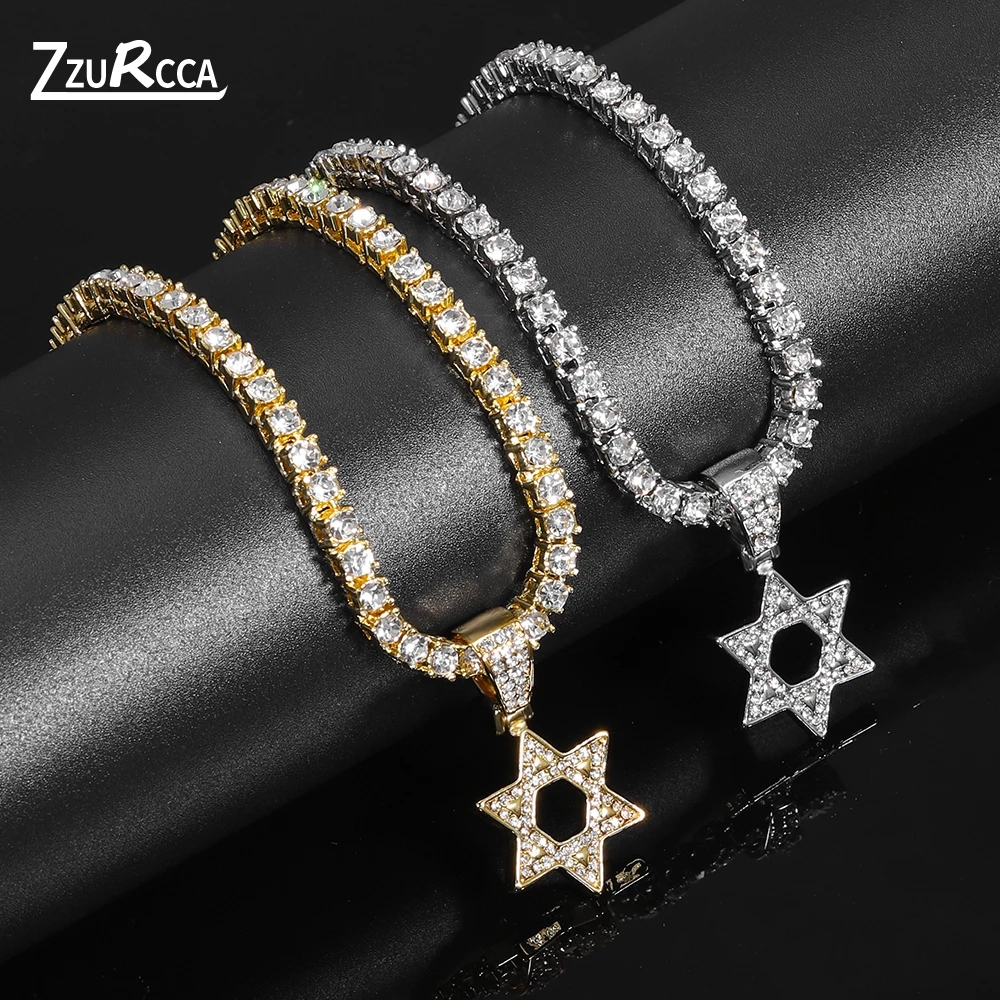 

New Six-pointed Star Pendant Necklace Iced Out Chain Crystal Necklaces for Women Hip Hop Male Jewelry collares para mujer