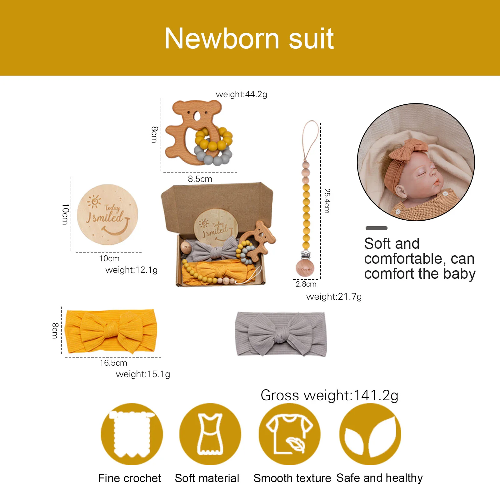 Cinta para el pelo con lazo para beb&eacute; reci&eacute;n nacido, traje de banda para el pelo con tarjeta de Milestone, cadena para chupete, pulsera de animales, conjunto de accesorios de fotograf&iacute;a-4