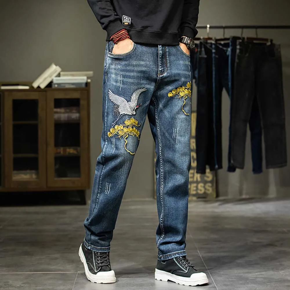 Men Fashion Embroidered Denim Straight Loose Baggy Pants Streetwear Casual Trousers Hiphop Plus Size Clothing