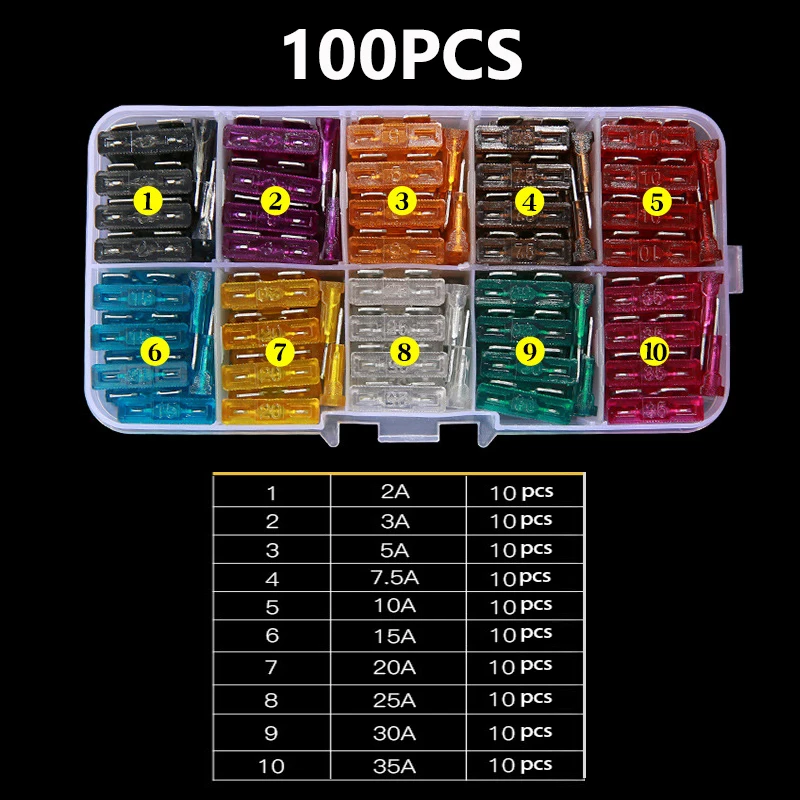 

100PCS Car Fuses 2A 3A 5A 7.5A 10A 15A 20A 25A 30A 35A Amp with Box Clip Assortment Auto Blade Type Fuse Set Truck Auto Fuse Set