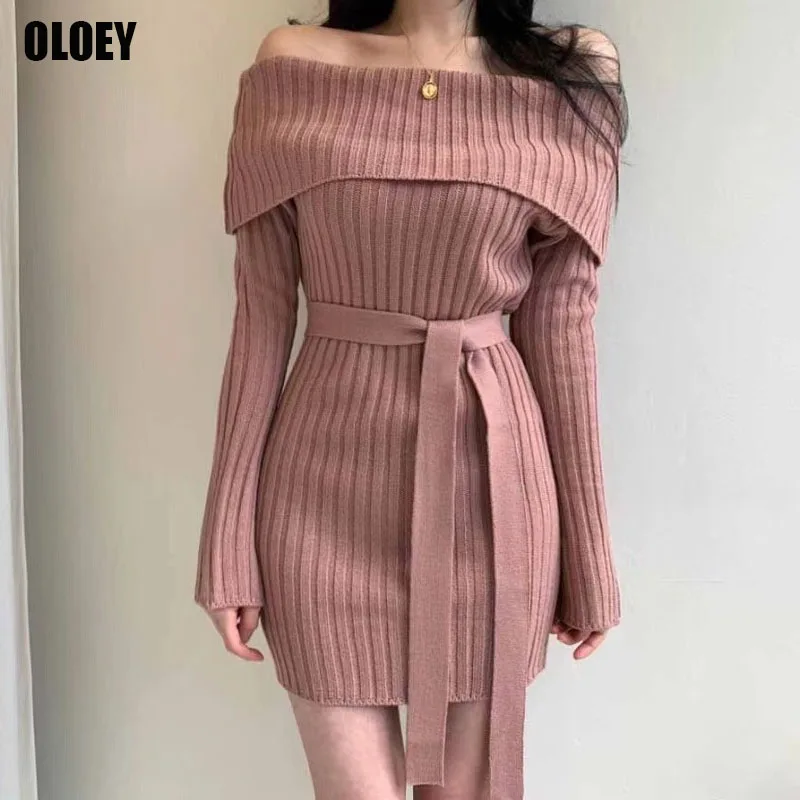 

Korean Chic Sexy Fold Sweater Dress Women's 2021 Autumn Winter Long Sleeve Mini Knitted Dresses Bandage Slim Waist Women Vestido