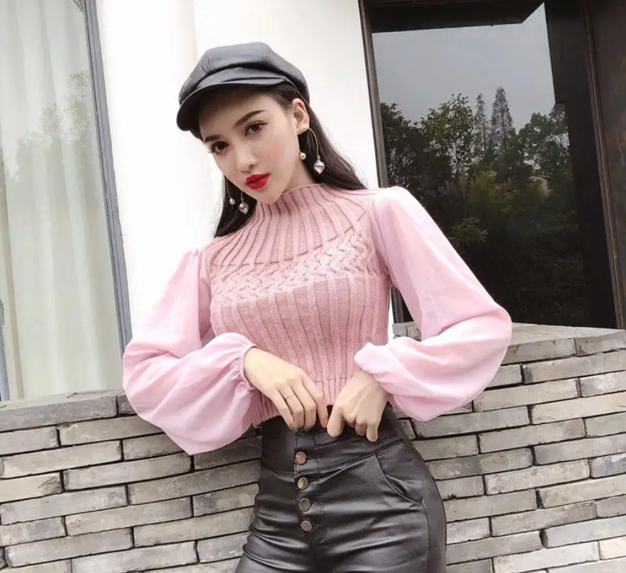 

Women's Blouse 2020 Spring Casual Lantern Sleeve Chiffon Sleeve Stretchy Blouse Fashion pit knitting Slim Elastic Sweater G1497