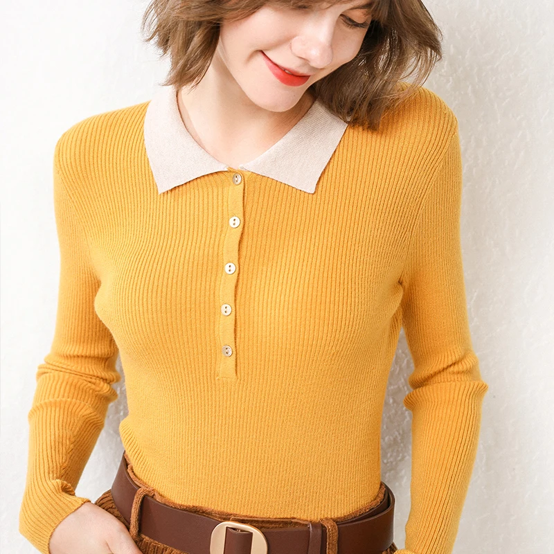 Элегантные женские свитера с воротником поло Осень-зима 2019 модные вязаные
