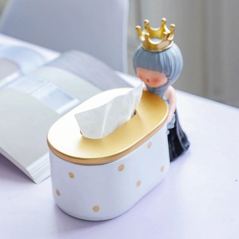 

Resin Crown Girl Sculpture Tissue Box Paper Storage Figurines Nordic Napkin Organizer for Home Living Room Decor