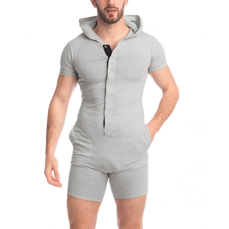 

Men Pajamas Rompers 2022 Patchwork Hooded Short Sleeve Casual Jumpsuits Homewear Button Cozy Fitness Playsuits Men S-5XL INCERUN