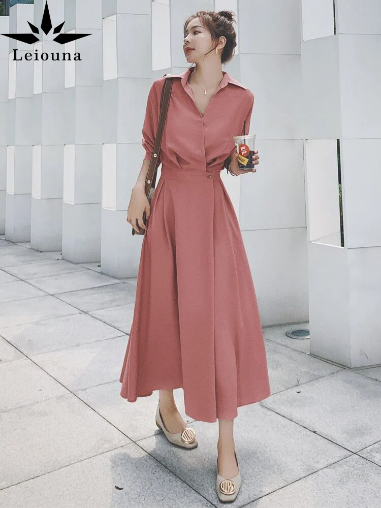 

Leiouna Office Lady A-Line Casual 2021 Fashion New Women Autumn Winter Sweet Style French Waist With Thin Temperament Dress