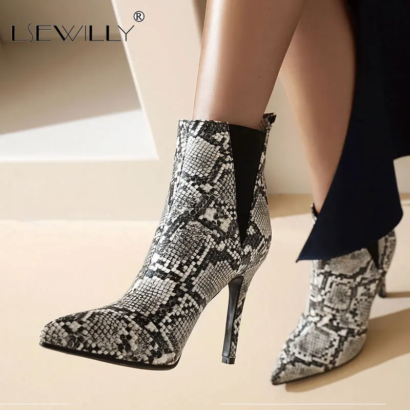 

Lsewilly 2020 plus size 48 pu pointed toe ankle boots women snake sexy thin high heel shoes party prom short boots ladies