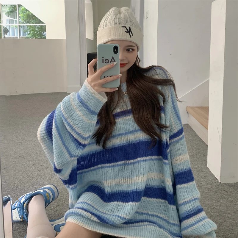 

Lazy Loose O Neck Blue Striped Sweater Pullovers Casual Retro Pull Femme Outwear Long Sleeve Knitted Top Dropshipping Jumpers