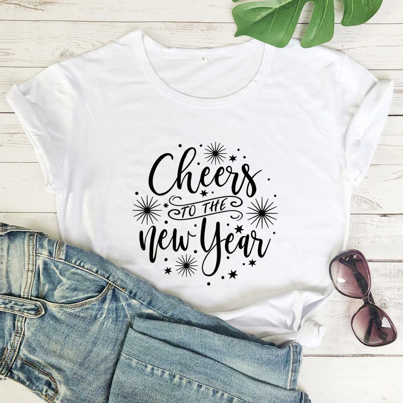 

Cheers To The New Year Funny Merry Christmas Graphic T Shirts Women Causal Loose Tshirt Plus Size Tops