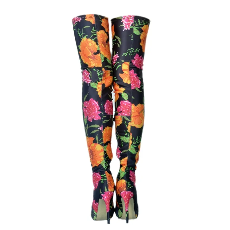 

runway fashion print flower lycra women botas mujer Invierno pointed toe over-the-knee high boots ladies sexy party dance shoe