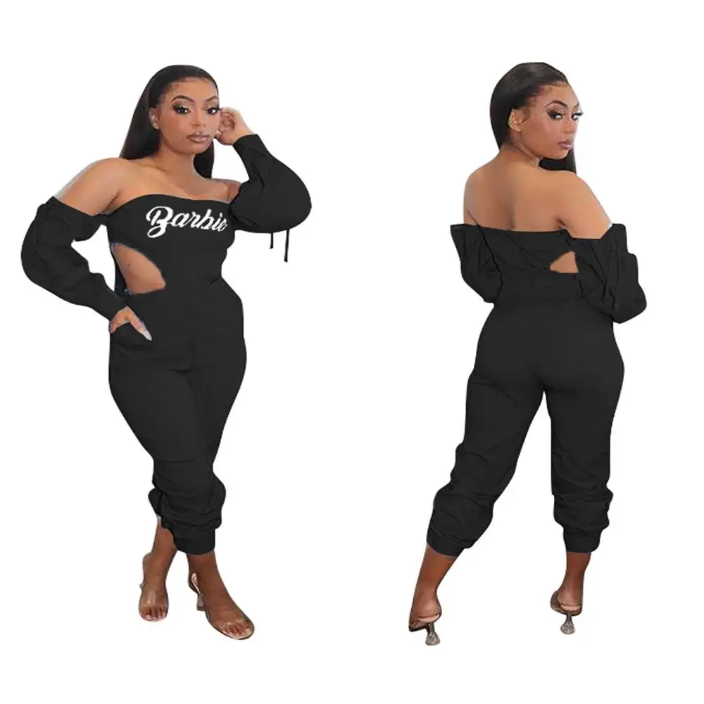 

Off The Shoulder Letter Print Women Jumpsuit Autumn Waist Band Cut Out Backless Bodysuit Streetwear Long Sleeve Long Playsuits